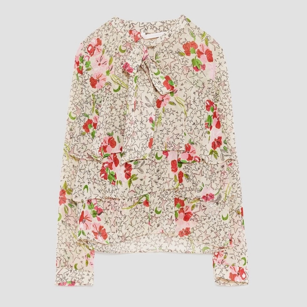 NWT ZARA Star Print Ivory Pussybow Top